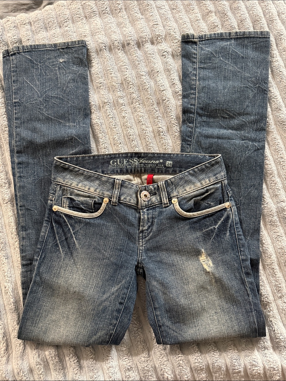Y2K GUESS Daredevil Bootcut Jeans- Low Rise Faded Blue Distressed